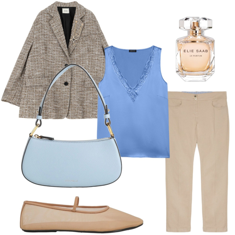 Outfit donna - Top in raso. Stile Casual per Ufficio. Abbinamento con borse a mano, ballerine, profumi, blazer, top, pantaloni.
