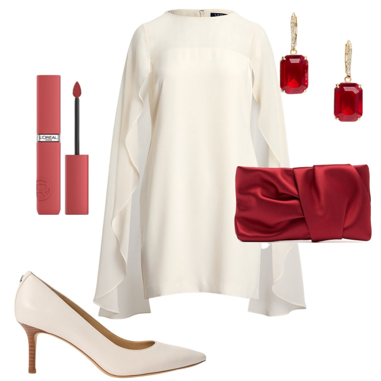 Outfit donna - Chic. Stile Chic per Cerimonia. Abbinamento con rossetti, vestiti a tubino, décolleté, orecchini, pochette.