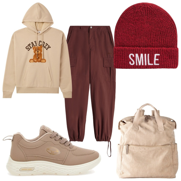 Outfit donna - Total look #2062721. Stile Urban per Tutti i giorni. Abbinamento con zaini, berretti, felpe con cappuccio, pantaloni cargo, sneakers.
