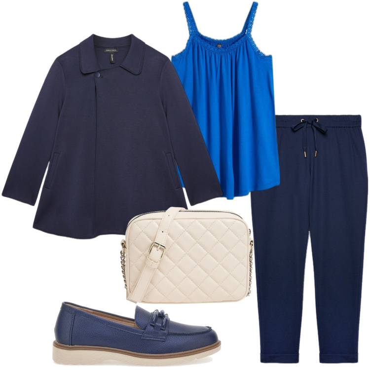 Outfit donna - Top blu china. Stile Basic per Ufficio. Abbinamento con top, borse a tracolla, mocassini, cappotti, pantaloni.