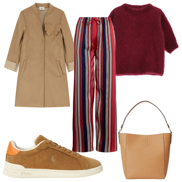 Outfit donna - Total look #2062725. Stile Trendy per Tutti i giorni. Abbinamento con cappotti, maglieria, pantaloni, borse a secchiello, sneakers.