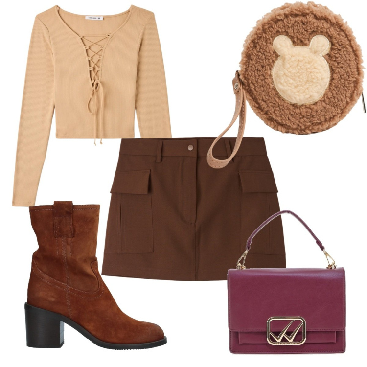 Outfit donna - Total look #2062727. Stile Trendy per Tutti i giorni. Abbinamento con stivaletti, t-shirt, gonne, portafogli, borse a tracolla.