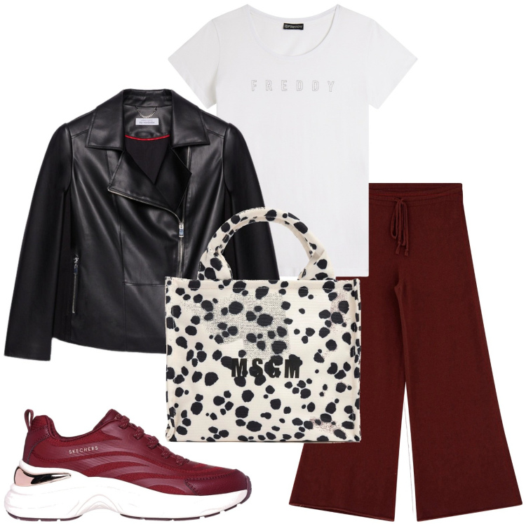 Outfit donna - Un sabato da shopping. Stile Casual chic per Tutti i giorni. Abbinamento con pantaloni, t-shirt, sneakers, blazer, shopping bag.