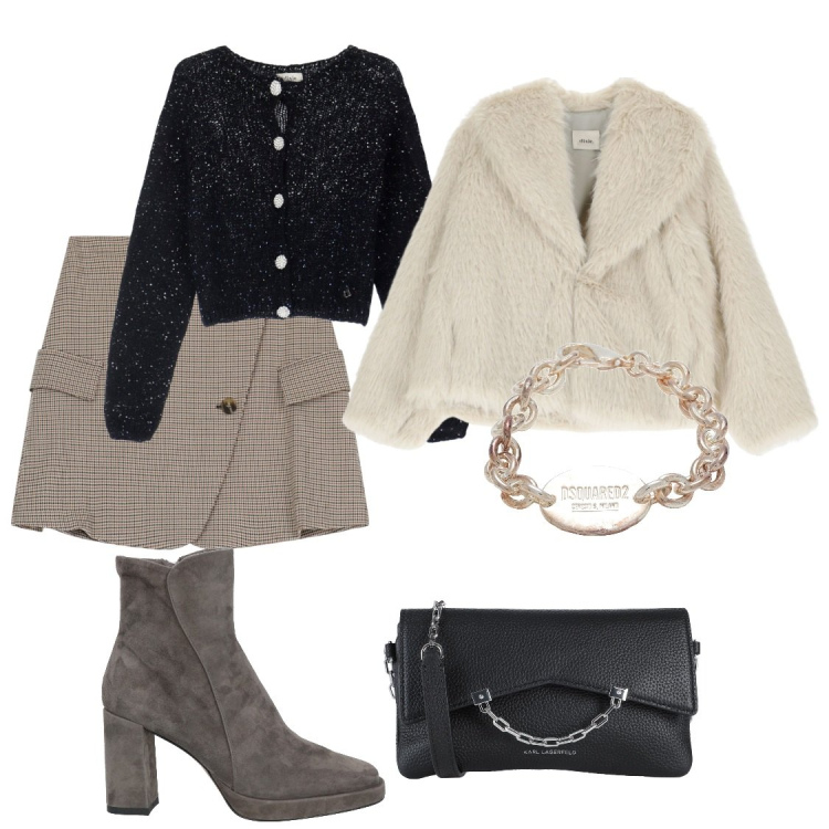 Outfit donna - La gonna portafoglio. Stile Chic per Serata fuori. Abbinamento con borse a tracolla, braccialetti, stivaletti, minigonne, cardigans, blazer.