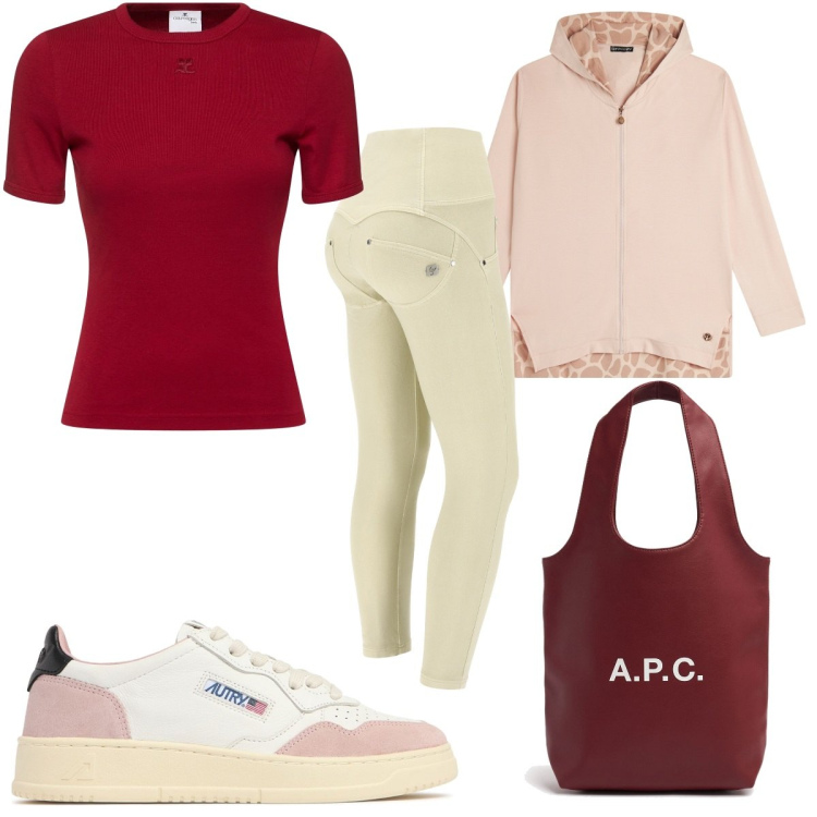 Outfit donna - Total look #2062739. Stile Trendy per Sport. Abbinamento con felpe con cappuccio, pantaloni skinny, sneakers, shopping bag, t-shirt.