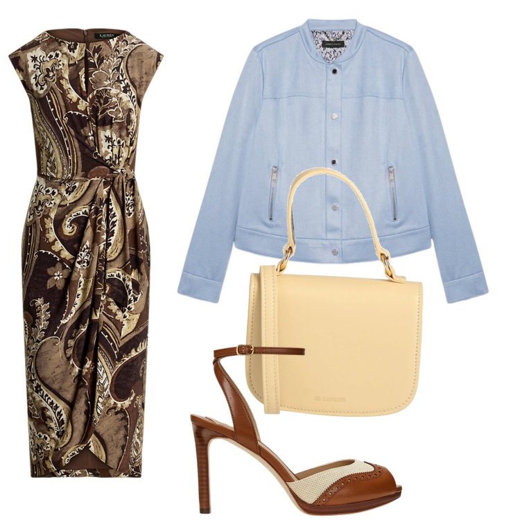 Outfit donna - L\'abito con stampa. Stile Casual chic per Ufficio. Abbinamento con borse a mano, vestiti, sandali in pelle, blazer.
