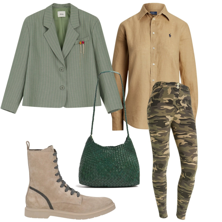 Outfit donna - Stile military. Stile Military per Tutti i giorni. Abbinamento con stivaletti, pantaloni skinny, blazer, camicie, borse a spalla.