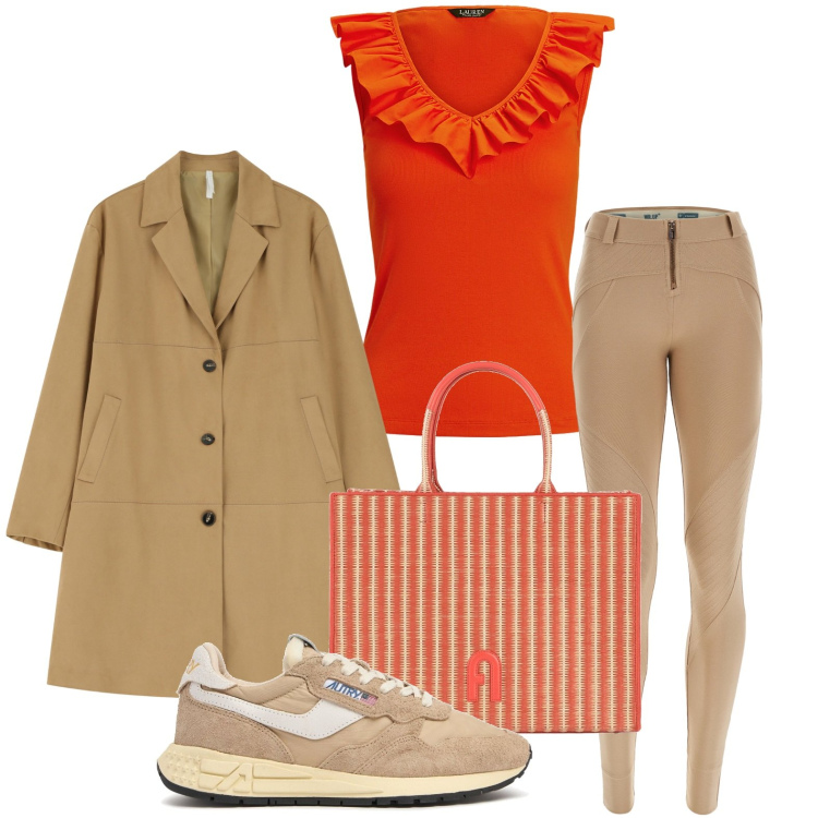 Outfit donna - Aria di primavera. Stile Casual per Tutti i giorni. Abbinamento con borse a mano, cappotti, pantaloni skinny, top, sneakers.