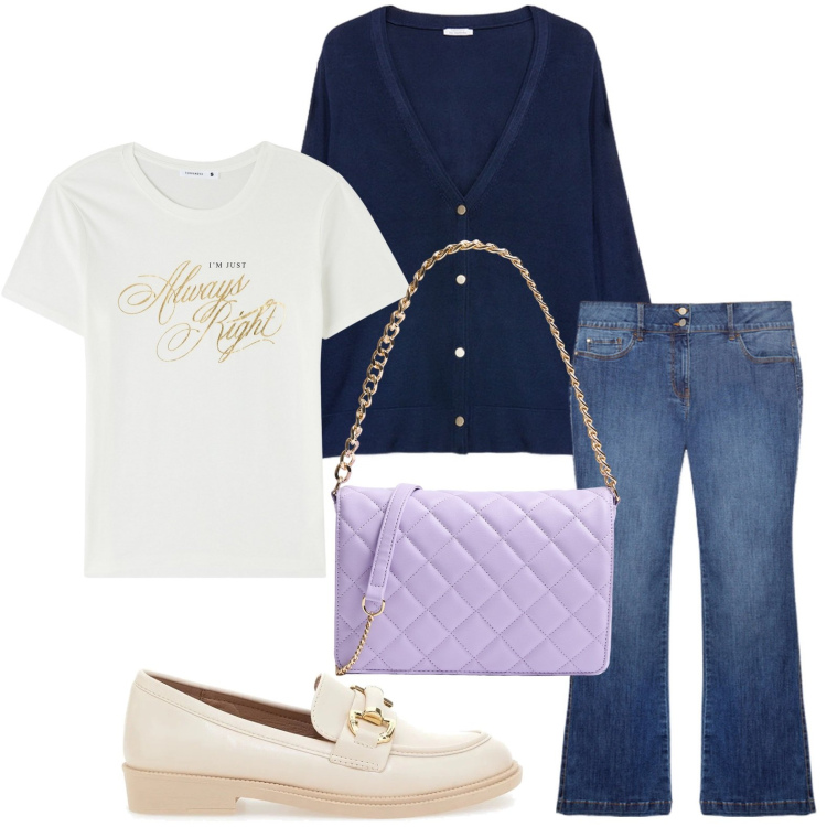 Outfit donna - Mocassino con fibbia. Stile Casual per Tutti i giorni. Abbinamento con t-shirt, borse a tracolla, mocassini, jeans a zampa, cardigans.