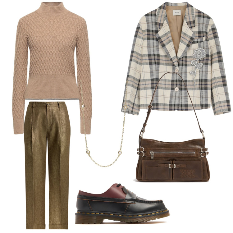Outfit donna - Riunione di lavoro. Stile Urban per Ufficio. Abbinamento con maglieria, collane, blazer, pantaloni, mocassini, borse a spalla.