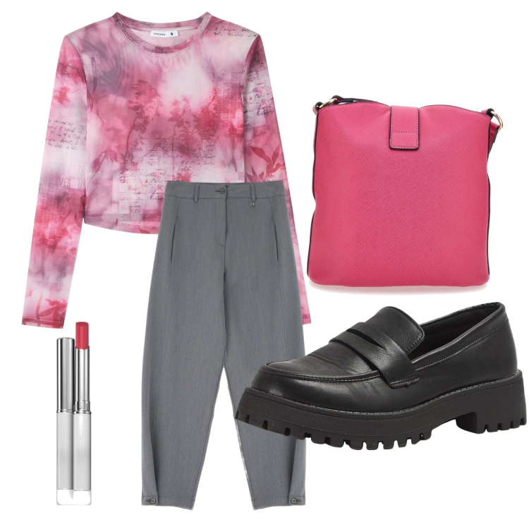 Outfit donna - Tendenza rosa. Stile Casual chic per Scuola/Università. Abbinamento con rossetti, t-shirt, mocassini, pantaloni, borse a spalla.