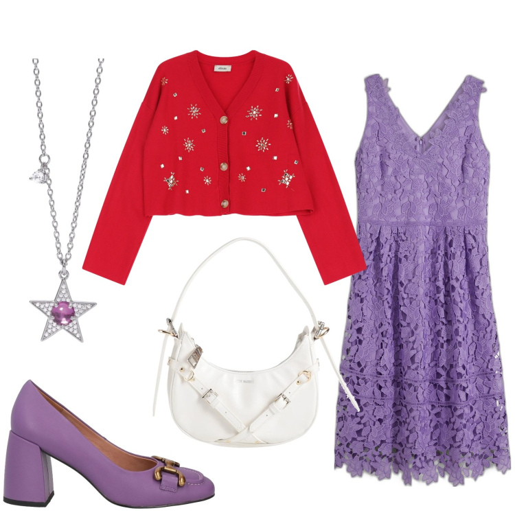Outfit donna - Violet day. Stile Glamour per Serata fuori. Abbinamento con vestiti, borse a mano, décolleté, collane, cardigans.