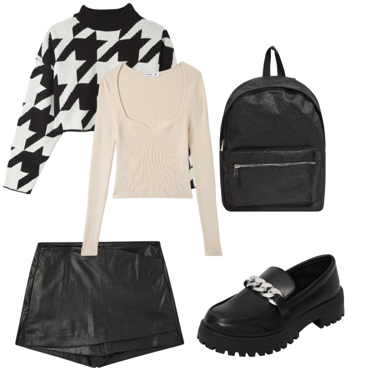 Outfit donna - In bianco e nero per San Valentino. Stile Glamour per Serata fuori. Abbinamento con zaini, mocassini, minigonne, maglieria, maglieria.
