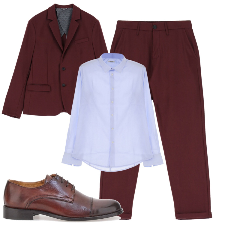 Outfit uomo - Bordeaux. Stile Trendy per Cerimonia. Abbinamento con camicie, pantaloni, giacche, scarpe stringate.