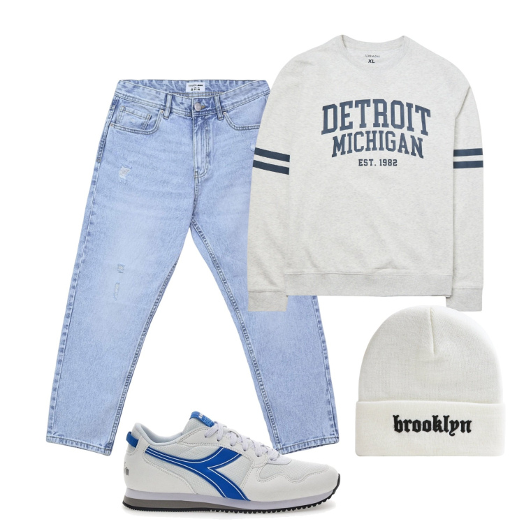 Outfit uomo - Febbraio. Stile Casual per Tutti i giorni. Abbinamento con jeans strappati, berretti, felpe, sneakers.