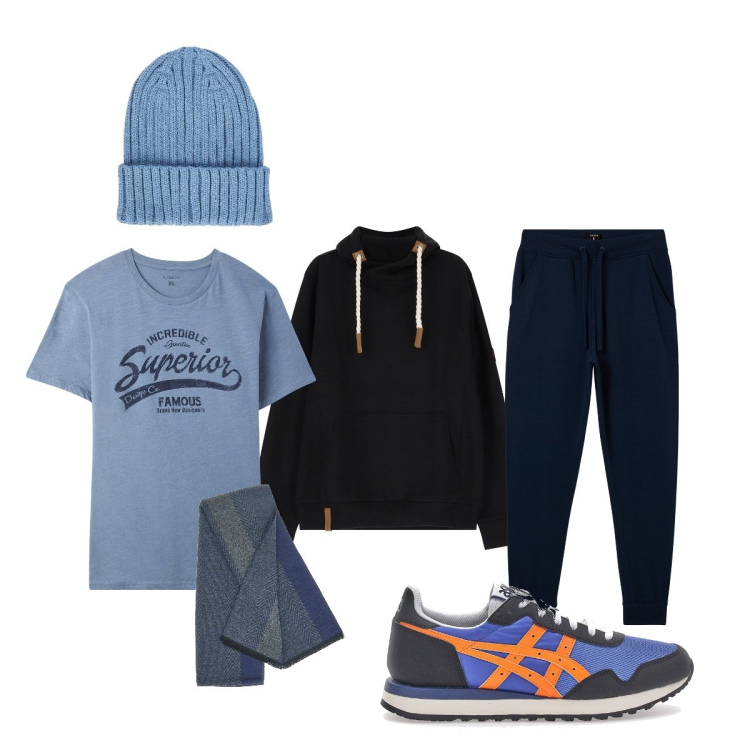 Outfit uomo - Total look #2062774. Stile Casual per Sport. Abbinamento con t-shirt, pantaloni sportivi, felpe con cappuccio, berretti, sciarpe, sneakers.
