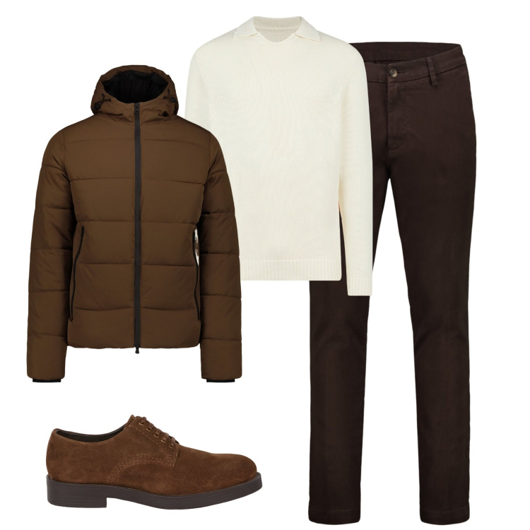 Outfit uomo - City. Stile Urban per Tutti i giorni. Abbinamento con maglieria, scarpe stringate, piumini, pantaloni chino.