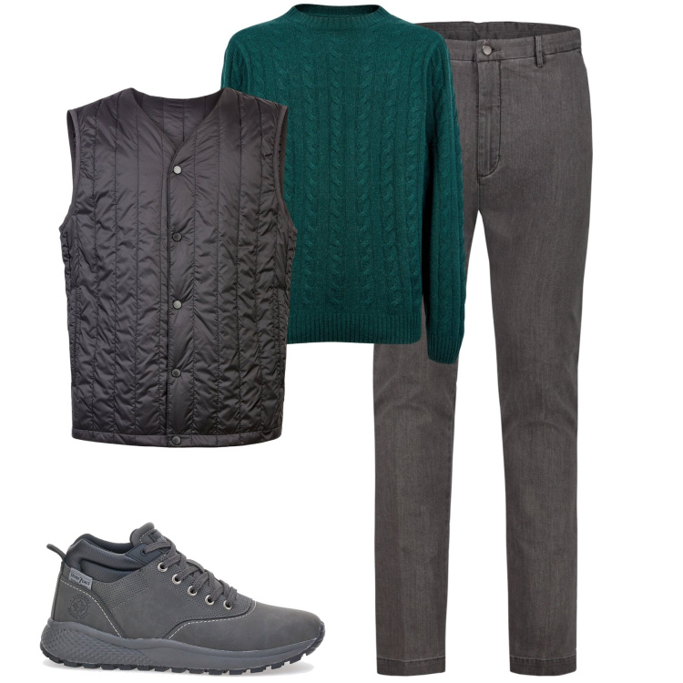 Outfit uomo - City. Stile Urban per Tutti i giorni. Abbinamento con piumini, pantaloni, maglieria, sneakers.