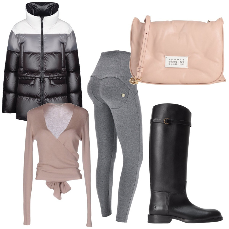 Outfit donna - In passeggiata. Stile Casual per Tutti i giorni. Abbinamento con cardigans, borse a tracolla, pantaloni skinny, piumini, stivali.
