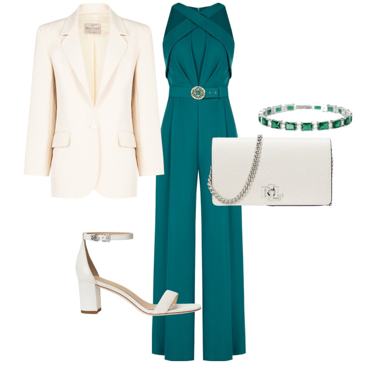 Outfit donna - Verde e bianco. Stile Bon Ton per Cerimonia. Abbinamento con tute, blazer, braccialetti, borse a tracolla, sandali in pelle.