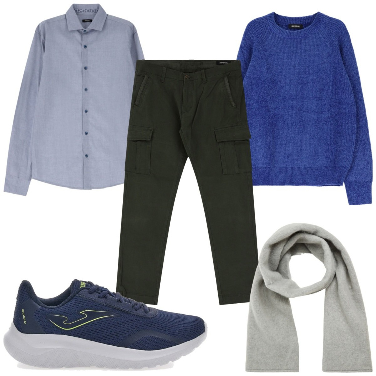 Outfit uomo - Total look #2062792. Stile Casual per Tutti i giorni. Abbinamento con sciarpe e foulard, maglieria, camicie, pantaloni cargo, sneakers.