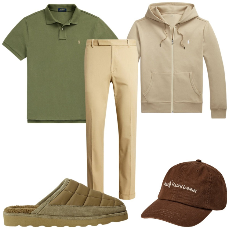 Outfit uomo - Total look #2062798. Stile Casual per Tutti i giorni. Abbinamento con felpe, pantaloni chino, cappelli, polo, pantofole.
