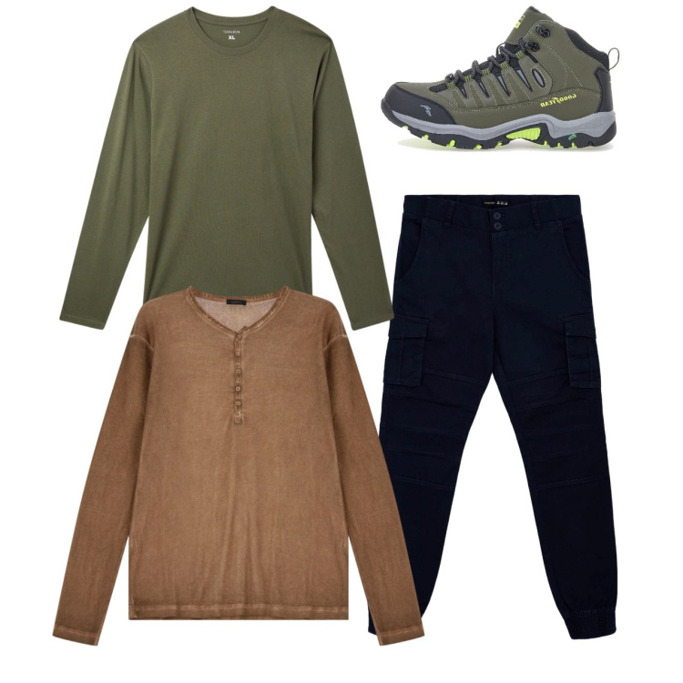 Outfit uomo - City. Stile Casual per Tutti i giorni. Abbinamento con t-shirt, pantaloni cargo, t-shirt, stivali e stivaletti.