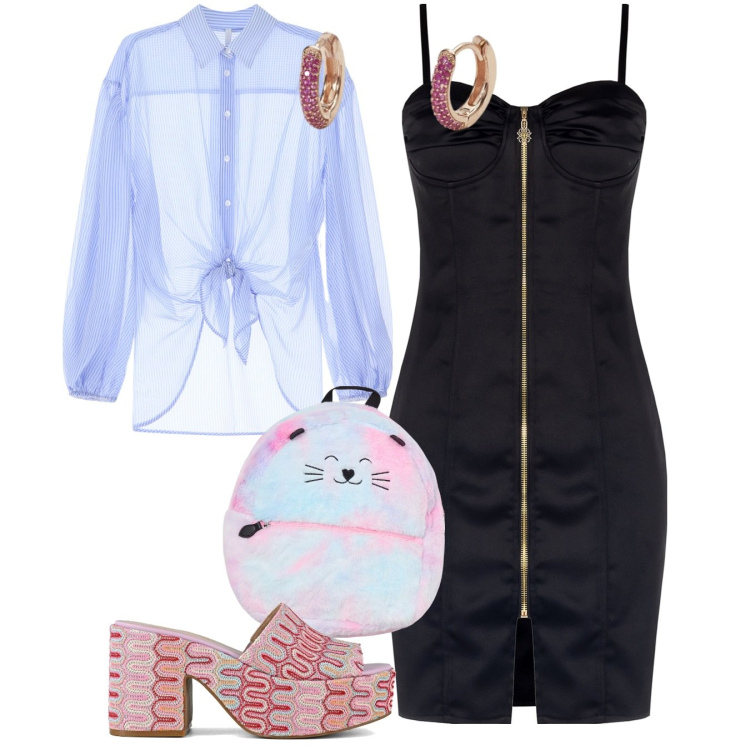 Outfit donna - Camicia passepartout. Stile Trendy per Serata fuori. Abbinamento con orecchini, vestiti a tubino, zaini, camicie, sabot.