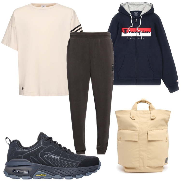 Outfit uomo - Total look #2062813. Stile Trendy per Sport. Abbinamento con pantaloni, felpe con cappuccio, scarpe sportive, t-shirt, borse sportive.