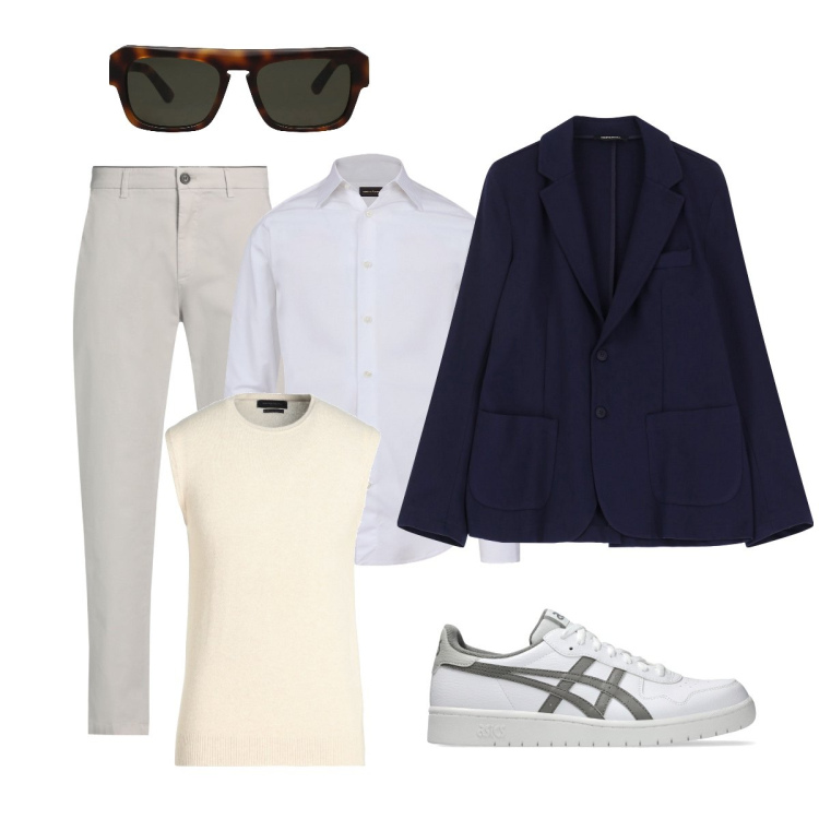 Outfit uomo - Cerimonia in sporty chic. Stile Trendy per Cerimonia. Abbinamento con pullovers, pantaloni chino, occhiali da sole, giacche, sneakers, camicie.