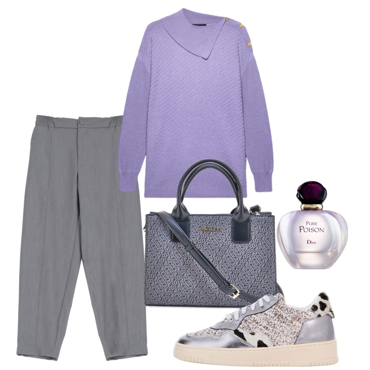 Outfit donna - Febbraio. Stile Bon Ton per Tutti i giorni. Abbinamento con profumi, pantaloni, sneakers, borse a tracolla, maglieria.