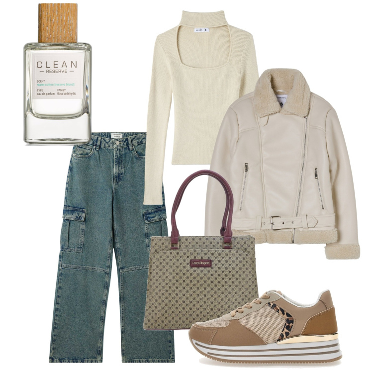 Outfit donna - Profumata in cargo. Stile Basic per Tutti i giorni. Abbinamento con profumi, jeans, maglieria, blazer, sneakers, borse a spalla.