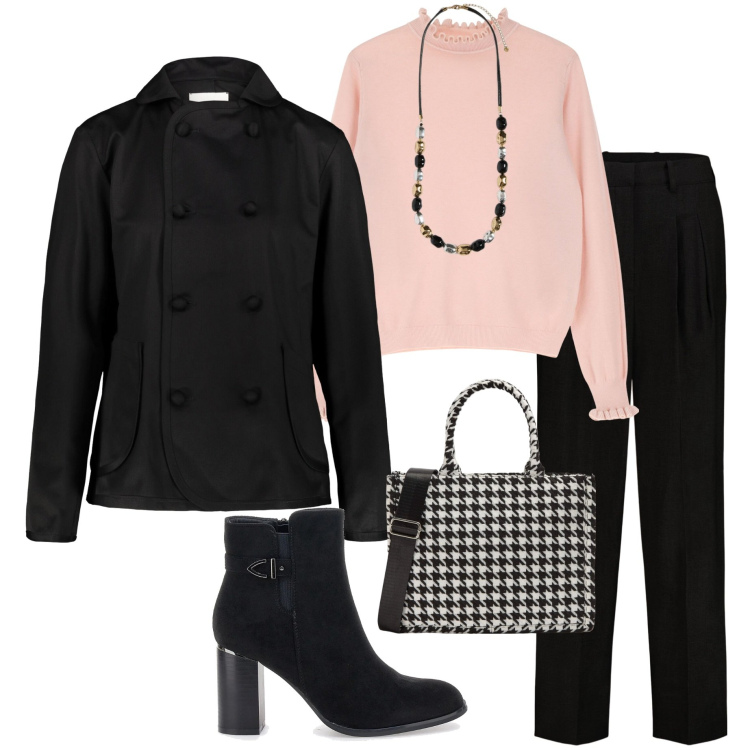 Outfit donna - In città. Stile Casual chic per Tutti i giorni. Abbinamento con shopping bag, maglieria, stivaletti, blazer, collane, pantaloni.
