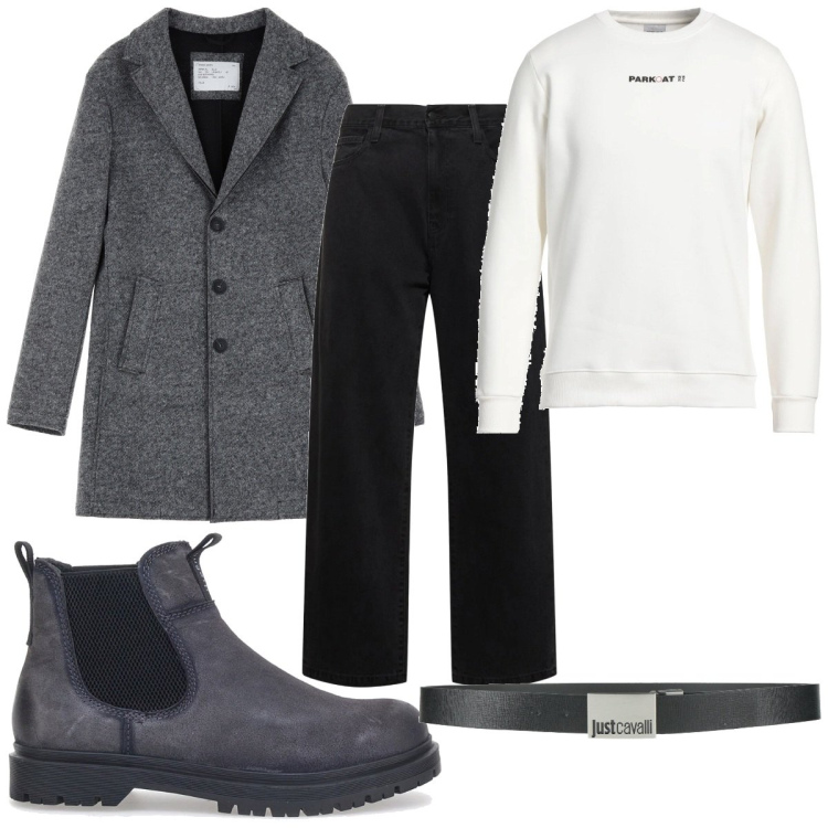 Outfit uomo - Total look #2062839. Stile Casual per Tutti i giorni. Abbinamento con cinture, felpe, cappotti, stivali e stivaletti, jeans.