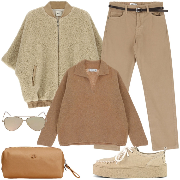 Outfit donna - Comfort e stile. Stile Sporty chic per Tutti i giorni. Abbinamento con pullovers, pantaloni, bomber, pochette, mocassini, occhiali da sole.