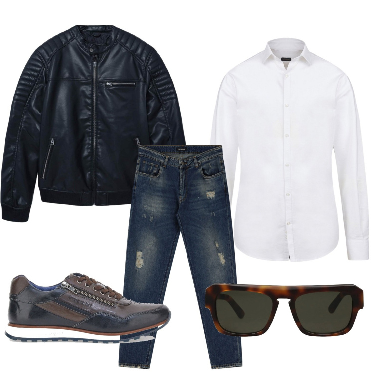 Outfit uomo - Dream biker. Stile Trendy per Tutti i giorni. Abbinamento con occhiali da sole, giacche, jeans dritti, scarpe stringate, camicie.