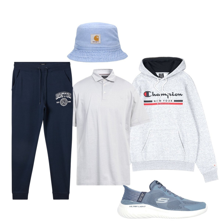 Outfit uomo - Tempo libero. Stile Casual per Sport. Abbinamento con polo, pantaloni sportivi, felpe con cappuccio, sneakers, cappelli.