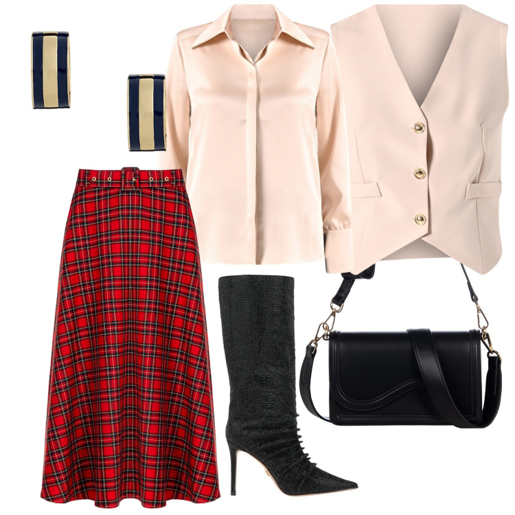 Outfit donna - The pink shirt. Stile Chic per Ufficio. Abbinamento con stivali, camicie, gonne longuette, pochette, gilet, orecchini.