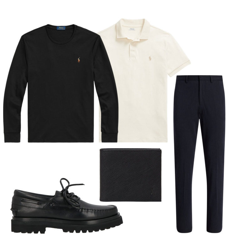 Outfit uomo - Inverno noir. Stile Urban per Serata speciale. Abbinamento con scarpe stringate, t-shirt, pantaloni, polo, portafogli.