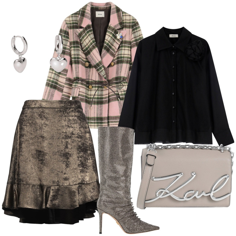 Outfit donna - Total look #2062854. Stile Chic per Ufficio. Abbinamento con stivali, minigonne, borse a tracolla, orecchini, camicie, blazer.