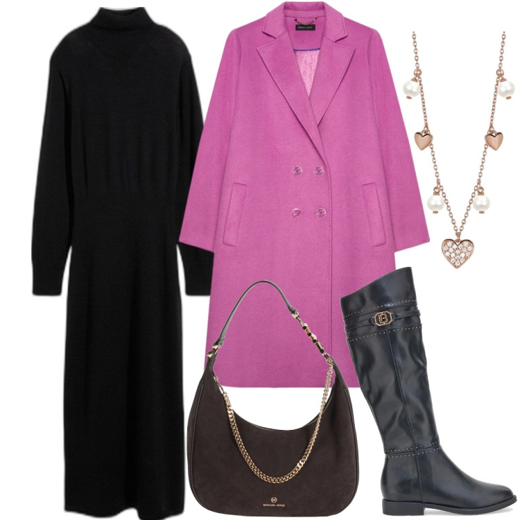 Outfit donna - Il vestito in maglia e il cappotto rosa. Stile Casual chic per Ufficio. Abbinamento con vestiti, borse a spalla, collane, stivali sopra il ginocchio, cappotti.