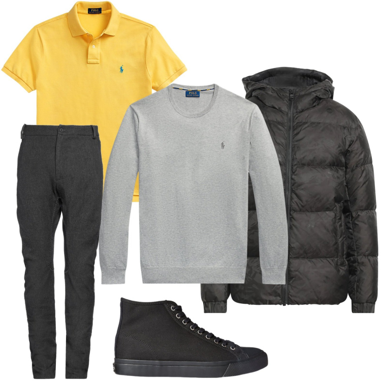 Outfit uomo - Street style. Stile Urban per Tutti i giorni. Abbinamento con pantaloni chino, piumini, sneakers, polo, maglieria.