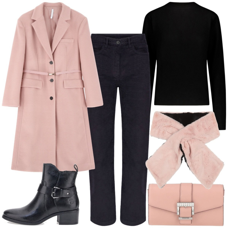 Outfit donna - Ufficio/serata. Stile Casual chic per Ufficio. Abbinamento con sciarpe, borse a mano, cappotti, pantaloni, stivali sopra il ginocchio, maglieria.