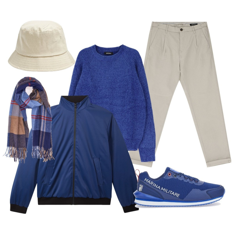 Outfit uomo - Blu elettrico. Stile Trendy per Tutti i giorni. Abbinamento con cappelli, giacche, pantaloni chino, maglieria, sciarpe, sneakers.