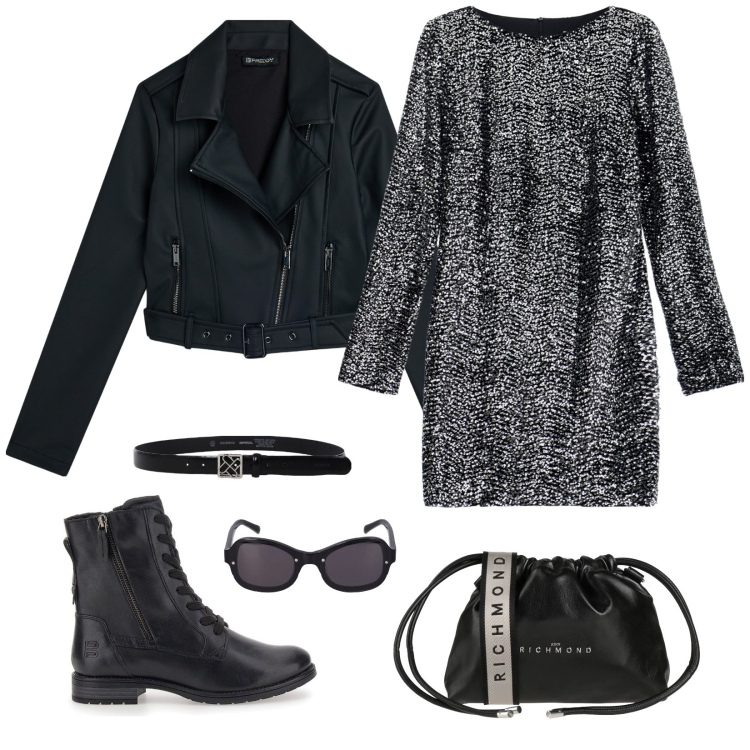 Outfit donna - Total blak. Stile Urban per Tutti i giorni. Abbinamento con borse a tracolla, vestiti corti, cinture, giacche, anfibi, occhiali da sole.