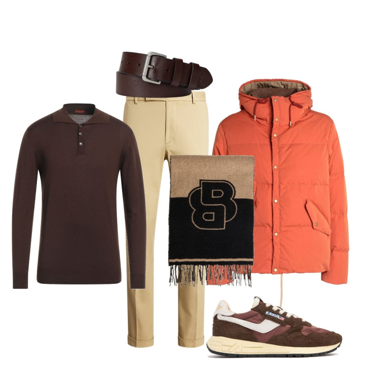 Outfit uomo - Fa ancora freddo. Stile Casual per Tutti i giorni. Abbinamento con pullovers, piumini, sciarpe, cinture, pantaloni chino, sneakers.