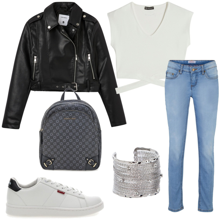 Outfit donna - Spring. Stile Urban per Tutti i giorni. Abbinamento con jeans skinny, giacche, t-shirt, braccialetti, zaini, sneakers.