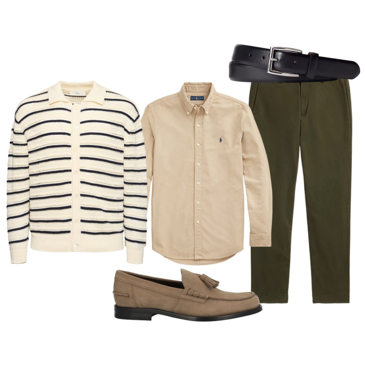Outfit uomo - In ufficio. Stile Trendy per Ufficio. Abbinamento con scarpe stringate, cinture, camicie, pantaloni, cardigans.