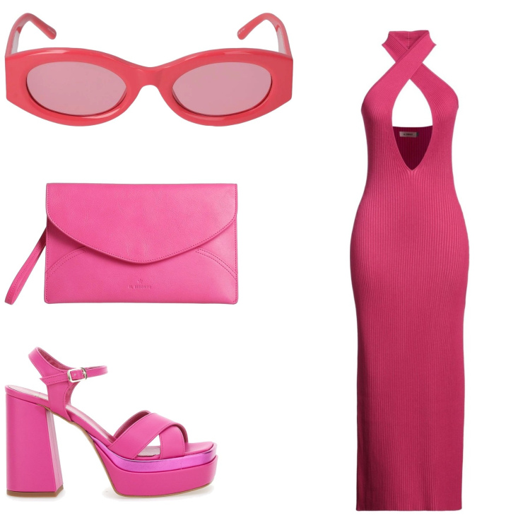 Outfit donna - Donna rosa. Stile Romantica per Serata fuori. look ideale per Tall. Abbinamento con borse a mano, vestiti lunghi, sandali col tacco, occhiali da sole.