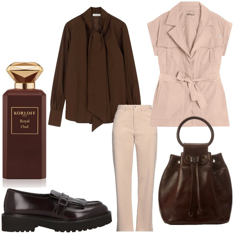 Outfit donna - Un giorno al lavoro. Stile Casual chic per Ufficio. Abbinamento con mocassini, pantaloni, profumi, trench, borse a secchiello, camicie.